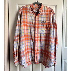 Faconnable Classique Mens XL Orange Plaid Long Sleeve 100% Linen Button Up Shirt